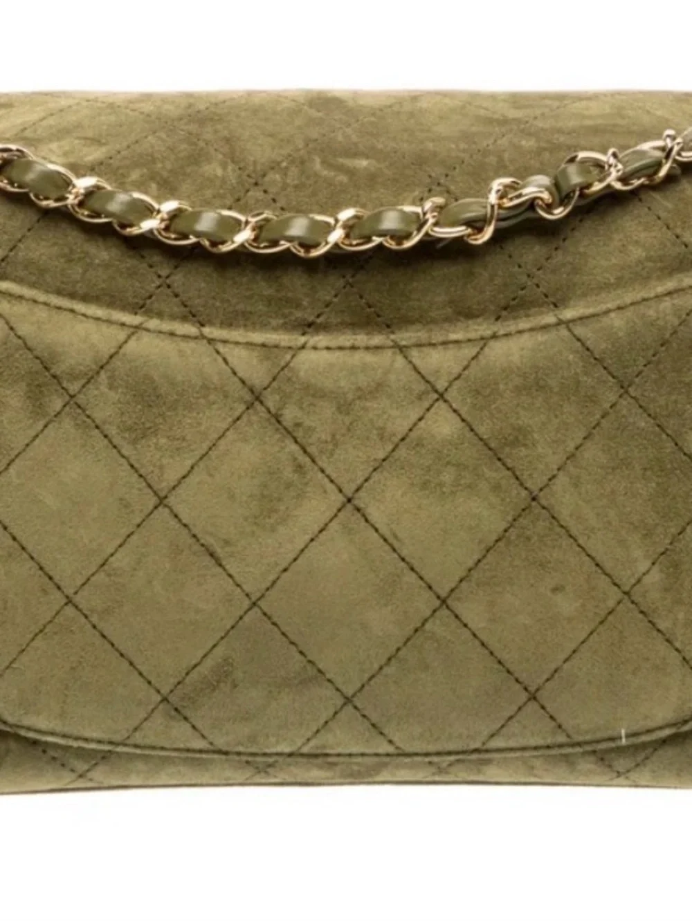 CHANEL Olive Green Quilted Suede Shoulder Bag with Turn-Lock